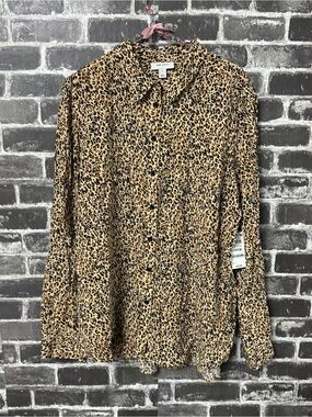 NWT On 34th button down blouse tan black leopard print shirt